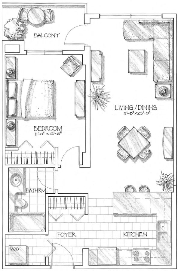 Floor plan for 1 bed, 1 bath, 759 sqft